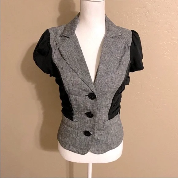 🌸3/$25 Candies Linen Blend Black & Gray Blazer Jacket with Ruching Detail Size M - Picture 11 of 16